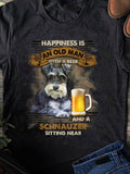Women's T-Shirt Happiness With Beer And Schnauzer Sitting Beside A Calm Old Man
