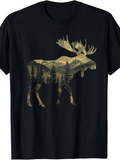 Men's T-Shirt Peaceful Mountain Landscape Among Pine Trees Moose