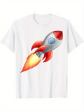 Men's T-Shirt Rocket With Metallic Texture Bright Flames And Cartoon Style Spaceship