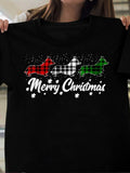 Women's T-Shirt Merry Christmas Plaid Patterned Dachshunds Amid Falling Snowflakes