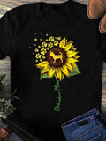 Women's T-Shirt Sunflower With Paw Prints Blooming Around Playful Dog
