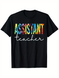 Men's T-Shirt Assistant Teacher Multicolored Letters With Script Writing Over Black T Shirt