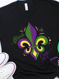 Women's T-Shirt Mardi Gras With Bright Colorful Confetti Swirls And Festive Fleur De Lis