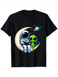 Men's T-Shirt Starlit Night With Crescent Moon Sitting Astronaut And Smiling Green Alien