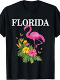 Men's T-Shirt Florida Pink Flamingo Standing Among Tropical Flowers And Butterflies