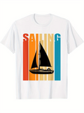 Men's T-Shirt Sailing Silhouette Boat With Retro Colorful Striped Background