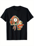 Men's T-Shirt Vintage Cartoon Bird Singing Proudly Next To Wooden Cuckoo Clock