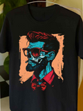 Men's T-Shirt Retro Neon Colors With Hipster Beard Glasses And Painted Skull