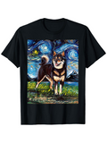 Men's T-Shirt Night Sky With Wispy Swirling Stars Beside Vibrant Grass Standing Dog