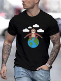 Men's T-Shirt Playful Brown Sloth Resting On Blue Earth With White Fluffy Clouds Sloth
