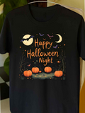 Men's T-Shirt Happy Halloween Night Pumpkins Under Crescent Moon And Bats In Dark Forest