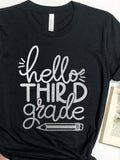 Women's T-Shirt Hello Third Grade Handwritten Silver Accented Pencil Motif On Black T Shirt