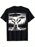 Men's T-Shirt Mysterious Forest Under Alien Spaceships With Curious Goat
