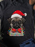 Men's T-Shirt Christmas Lights With Festive Hat And Red Bowtie Pug Dog