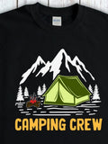 Men's T-Shirt Camping Crew Warm Campfire Night Forest Under Snowy Mountains Tent
