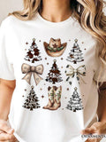 Women's T-Shirt Vintage Western Hat With Festive Christmas Trees And Ribbon Boots