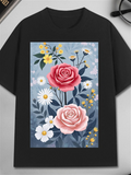 Men's T-Shirt Delicate Wild Daisies Among Soft Pink Blooming Roses