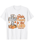 Men's T-Shirt Give Thanks To The Lord Surrounded By Pumpkins Autumn Leaves And Spotted Cross