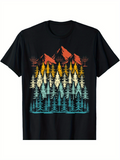 Men's T-Shirt Sunset Colored Forest With Vibrant Trees Beneath Majestic Snowy Mountains