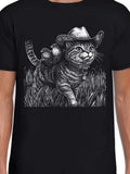 Men's T-Shirt Playful Cat Wearing Cowboy Hat With Birds And Grass