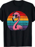 Men's T-Shirt Retro Striped Sun With Sunglasses Wearing Pink Flamingo