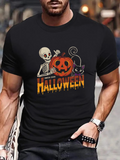 Men's T-Shirt Halloween Night With Grinning Pumpkin Skeleton And Playful Black Cat