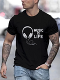 Men's T-Shirt Music Is Life Monochrome Headphones With Cable And Urban Style Graphic