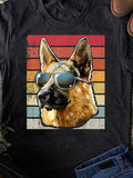 Men's T-Shirt Retro Sunset Stripes Behind Cool Sunglasses Wearing German Shepherd Dog