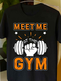 Men's T-Shirt Meet Me At The Gym With Decorative Stars And Powerful Hand Holding Dumbbell