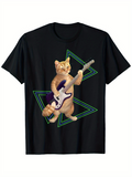 Men's T-Shirt Triangular Neon Lights With Playful Cat Strumming Electric Guitar