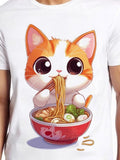 Men's T-Shirt Adorable Furry Kitten With Bright Eyes Slurping Noodles From Ramen Bowl Cat