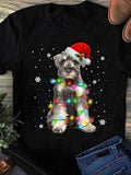 Women's T-Shirt Christmas Lights With Festive Snowflakes On Cute Schnauzer Dog