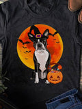 Women's T-Shirt Halloween Moonlight With Bats Pumpkin Candy And Boston Terrier Dog