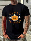 Men's T-Shirt Happy Halloween Cartoon Pumpkin With Bat Wings Surrounded By Playful Letters Pumpkin