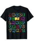 Men's T-Shirt Bright Colorful Letters Arranged Across Black Short Sleeve Tshirt Alphabet