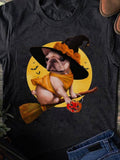 Women's T-Shirt Halloween Moon With Flying Bats Around Bulldog Wearing Witch Hat Broomstick
