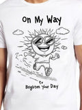Men's T-Shirt On My Way To Brighten Your Day Playful Cartoon Sun With Sunglasses Running Amid Clouds