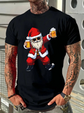 Men's T-Shirt Dancing Holiday Santa With Sunglasses Holding Two Mugs Of Beer Santa Claus