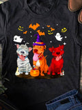 Women's T-Shirt Starry Night With Three Dogs In Halloween Costumes Surrounded By Ghosts And Bats