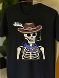 Men's T-Shirt Western Cowboy Skeleton Wearing Feathered Hat And Purple Bandana