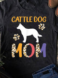 Women's T-Shirt Cattle Dog Mom Colorful Leopard Print Letters With Silhouette Dog