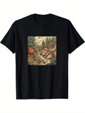 Men's T-Shirt Tranquil Autumn Forest Stream Flowing Among Mossy Rocks