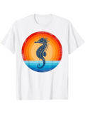 Men's T-Shirt Colorful Sunset Gradient Circle With Ocean Water And Textured Seahorse