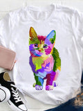 Men's T-Shirt Vivid Rainbow Colors With Bold Brush Strokes Depicting Playful Cat