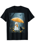 Men's T-Shirt Glowing Lanterns In Misty Rain With Cat And Ghost Under Umbrella