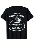 Men's T-Shirt Never Underestimate An Old Lady With A Guitar Surrounded By Line Art Acoustic Guitar