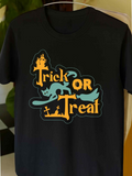 Men's T-Shirt Trick Or Treat Halloween Cat With Flying Bat And Spooky Graveyard Night