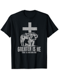 Men's T-Shirt Greater Is He With Bold Cross And Roaring Lion Under Inspirational Sunlight