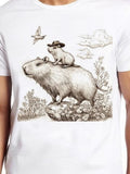 Men's T-Shirt Playful Capybara Surrounded By Flowers Under Cloudy Sky With Bird