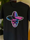 Men's T-Shirt Neon Glow With Multicolored Shadowed Outline Skull In Sombrero